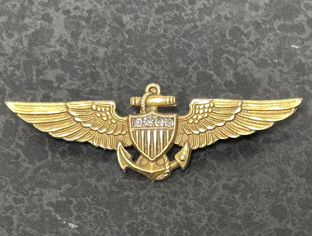 WWII 10K Solid Gold U.S. Navy Pilot Aviator Wings Diamonds 2 1/4” 7.1g RARE USMC