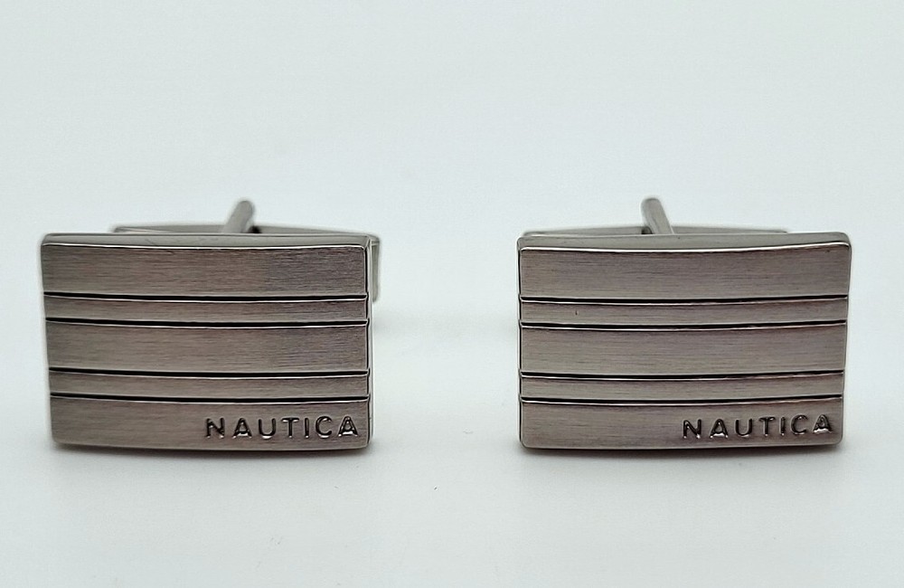 Silver Tone Metal Rectangle Cufflinks Nautica Ribbed Engraved Lines Design