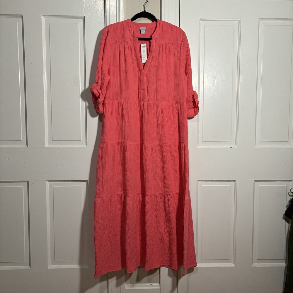 NWT Chicos Tiered Gauze Maxi Dress Size 2 Large Calypso Coral Pink