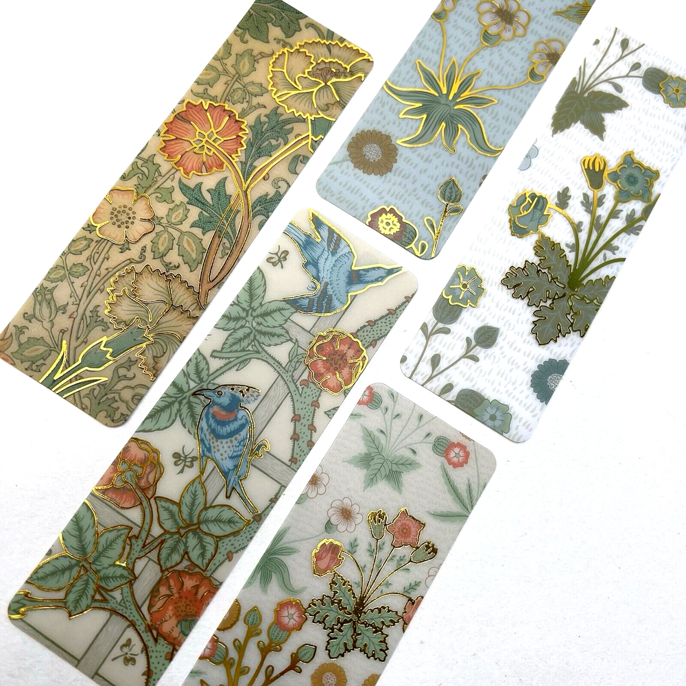 5 William Morris Bookmarks Blue Birds and Floral Designs with Gold Accents