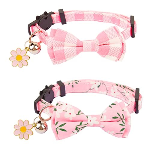 Cat Collar Breakaway with Cute Bow Tie Bell Charm, Plaid Flower Cat Pink
