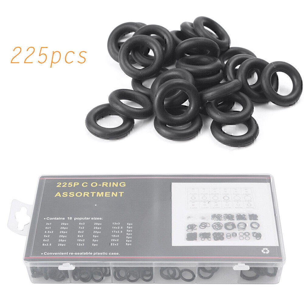 225pcs Rubber O-Ring O Ring Washer Seals Sealing Gasket Assort Kit Black Fit Car