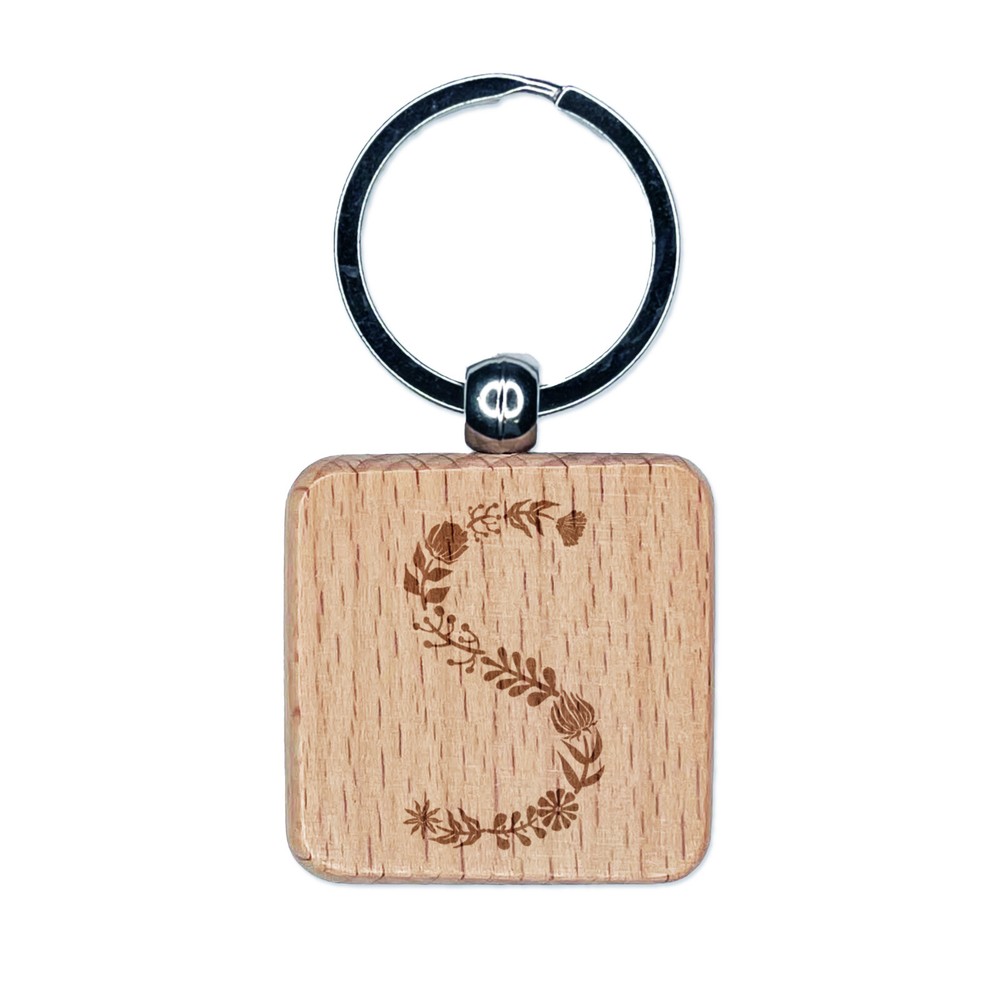 Elegant Floral Engraved Wooden Letter S Keychain Charm Tag