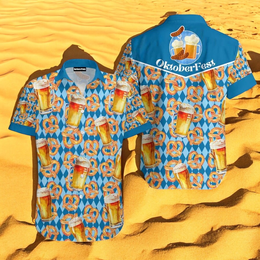 Oktoberfest Beer Pretzels Blue Checkered Hawaiian Shirt