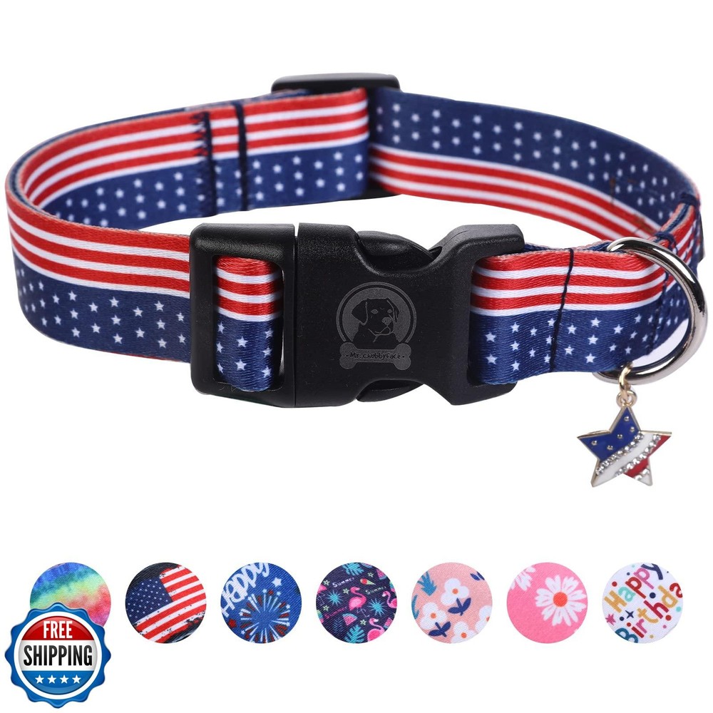 MR CHUBBYFACE Patriotic Adjustable Dog Collar with American Flag for 4th of July