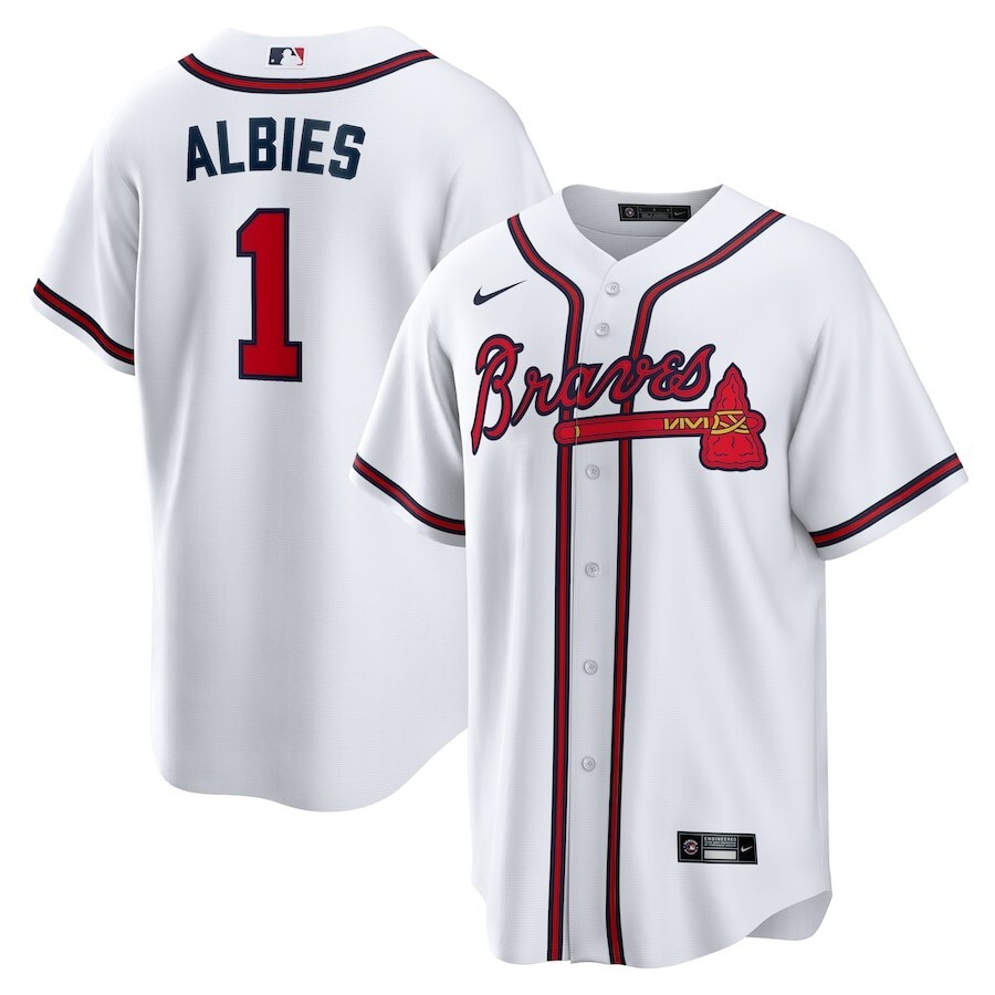 Men's Atlanta Braves 1# Ozzie Albies  White Home Replica Player Name Jersey