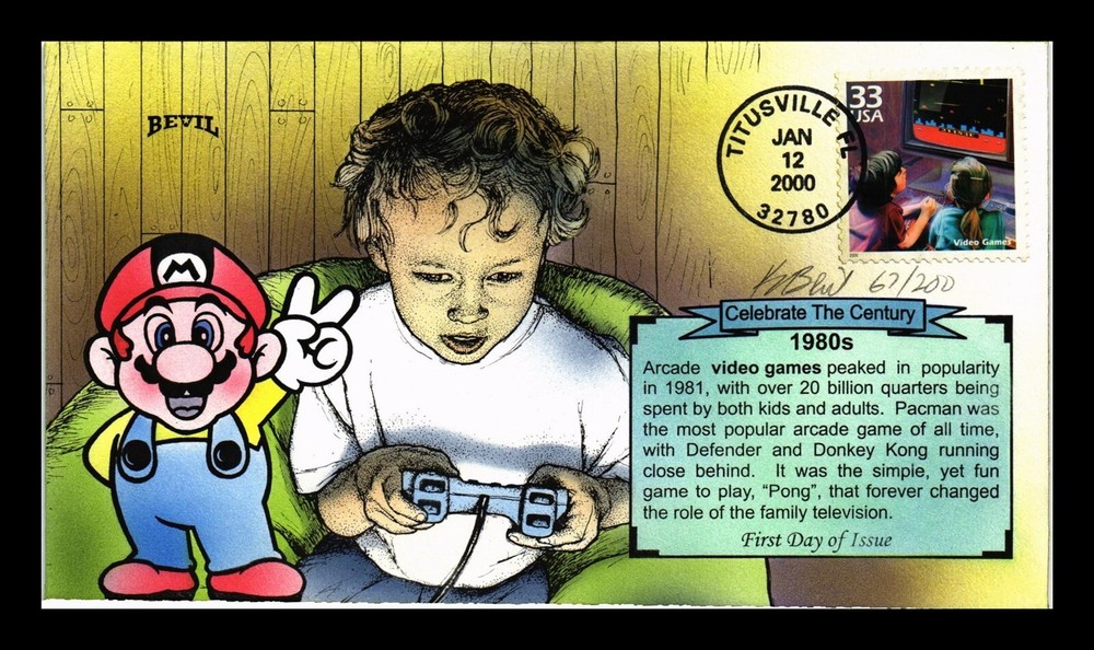DR JIM STAMPS US COVER VIDEO GAMES CELEBRATE CENTURY FDC BEVIL HAND PAINTED