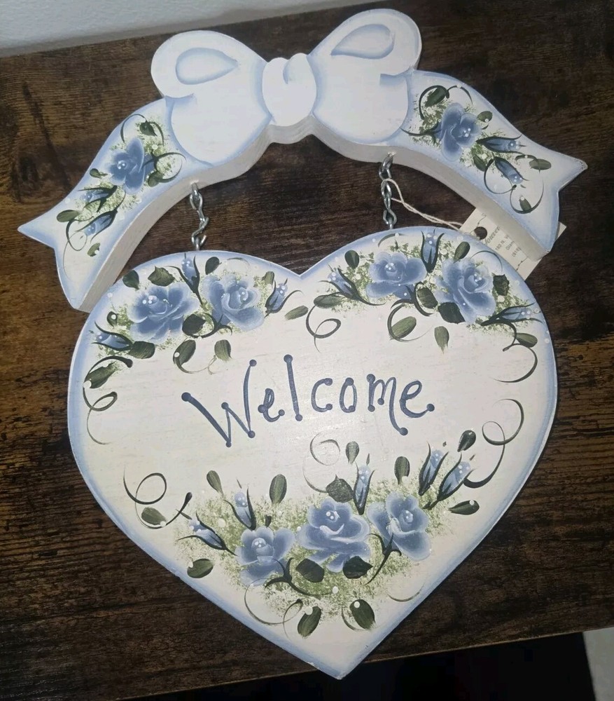 Vintage Blue Floral Welcome Sign Wall Art