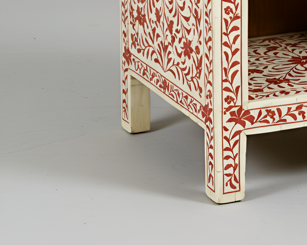 Red Cream Floral Bone Inlay Handmade Indian Nightstand with Drawer