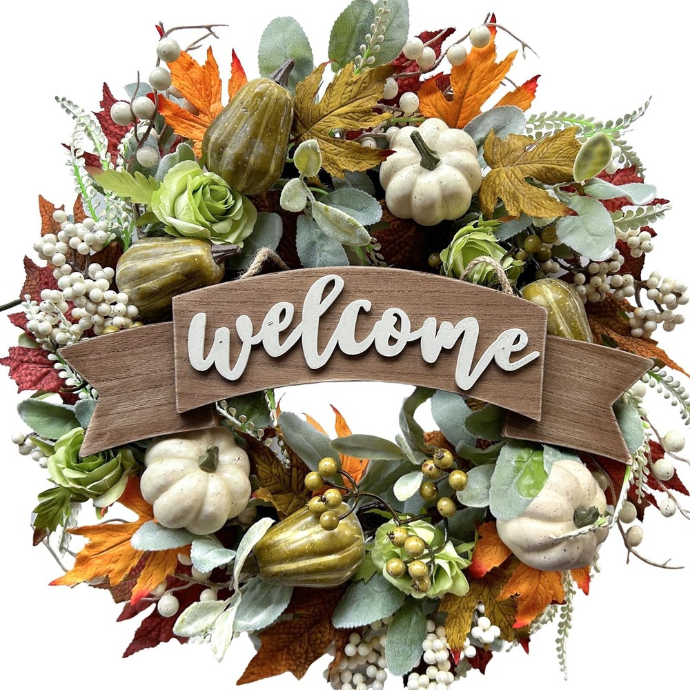 22-Inch Fall Pumpkin Wreath for Front Door with Maple Leaves & Berries