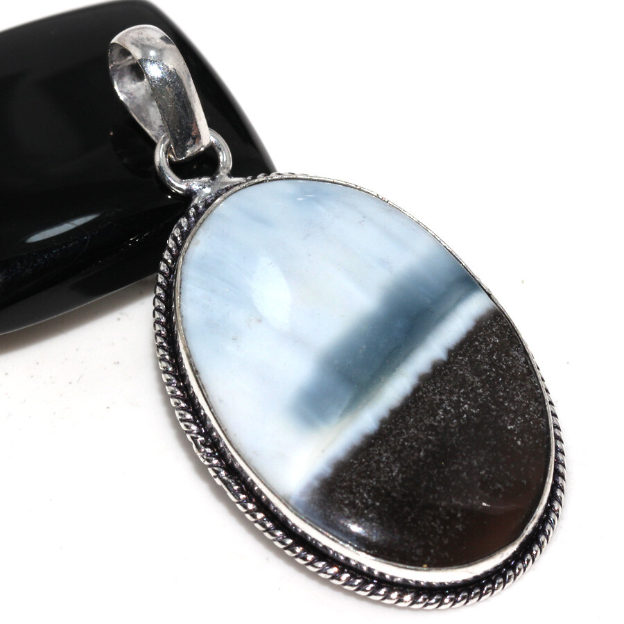 925 Silver Plated Owhyee Blue Opal Ethnic Pendant Jewelry Size 2.1