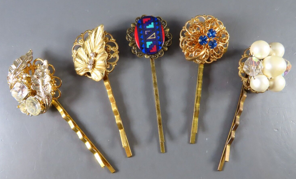 Lot of 5 Vintage Rhinestone Gold Blue Pearl Upcycled Bobby Pins Hair Decor