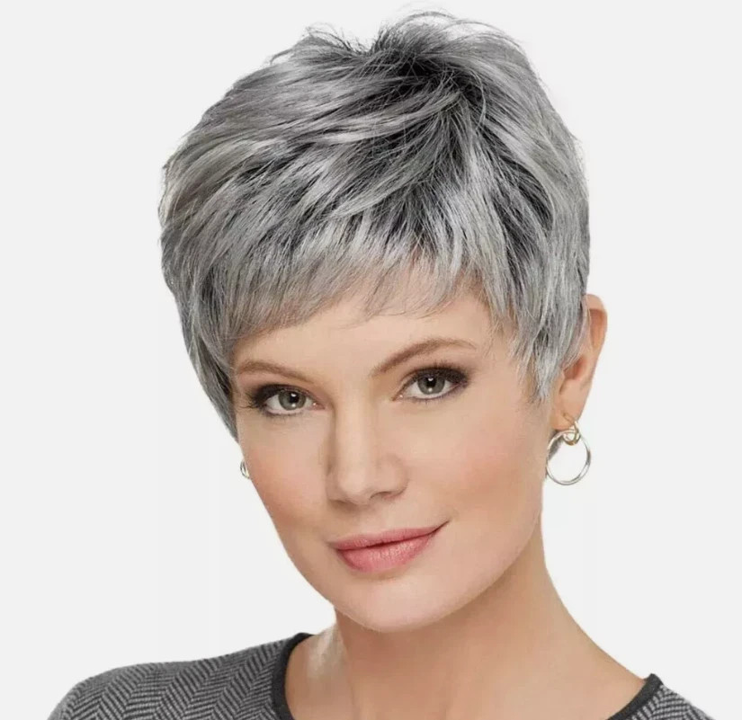 Short Layered Pixie Cut Dark Roots Gray Synthetic Hair Wigs For Women Natural