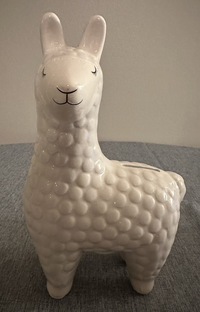 White Ceramic Llama Coin Bank Nursery or Decorative Room Decor 8.6”T, 5”W, 3”D