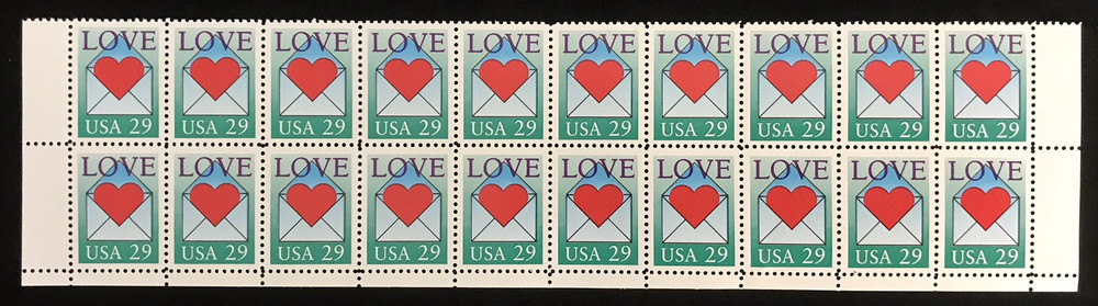 US Stamp Scott #2618, 29c, Love Issue, Heart / Envelope 2x10 Block (20 Stamps)