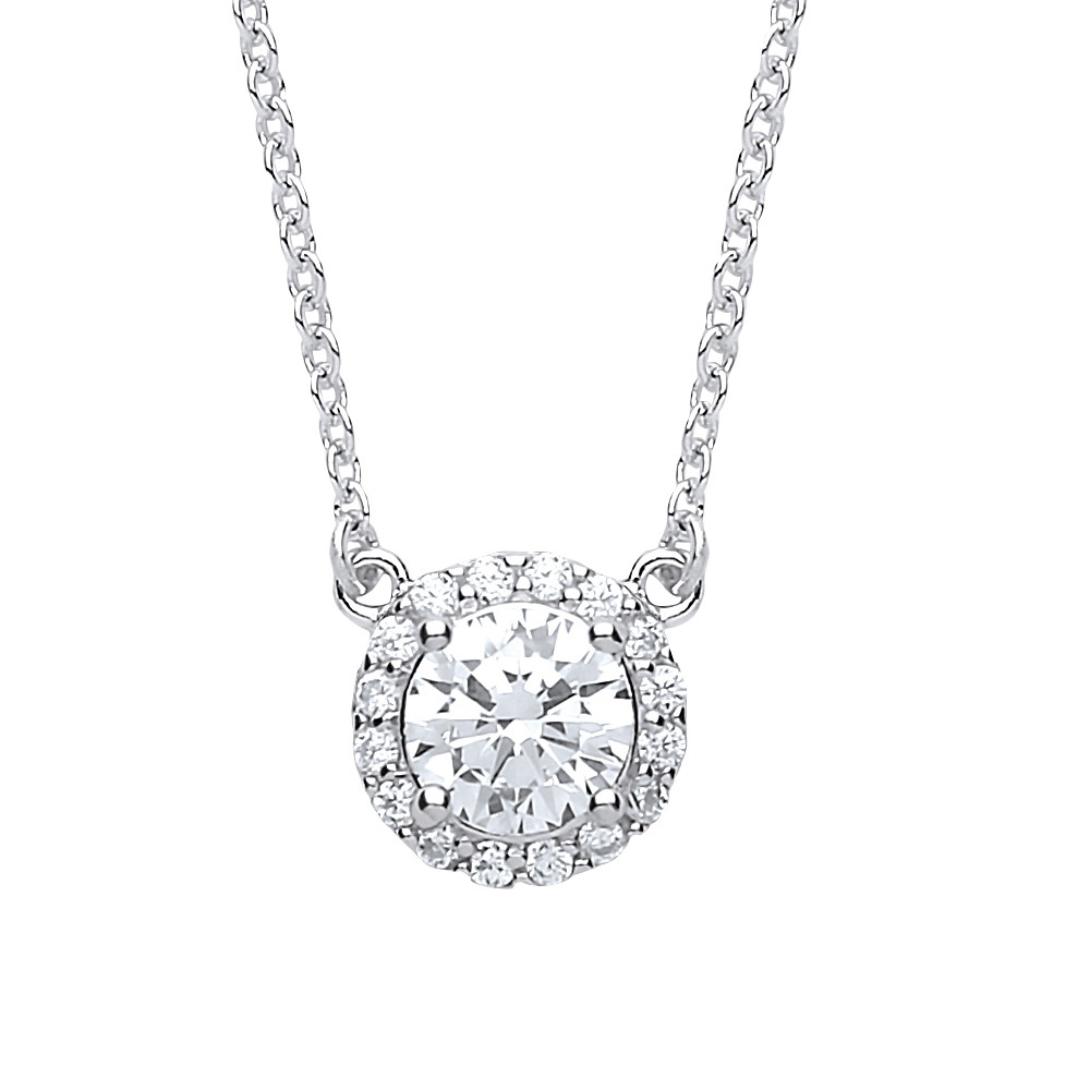 Silver Jewelco London CZ Solitaire Halo Charm Necklace 15 + 2 inch