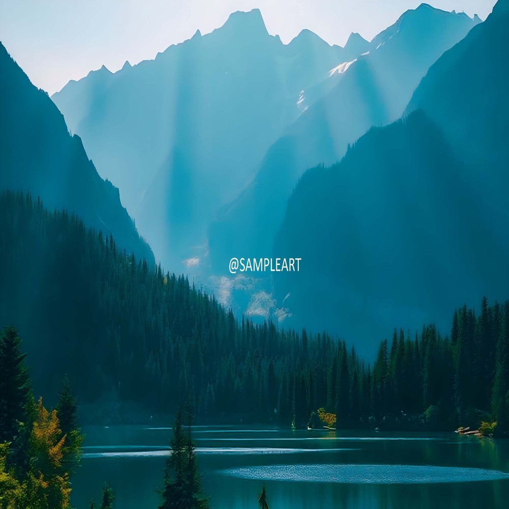 AI Art Mountain Lake Forest Digital Wallpaper Background for Desktop-image