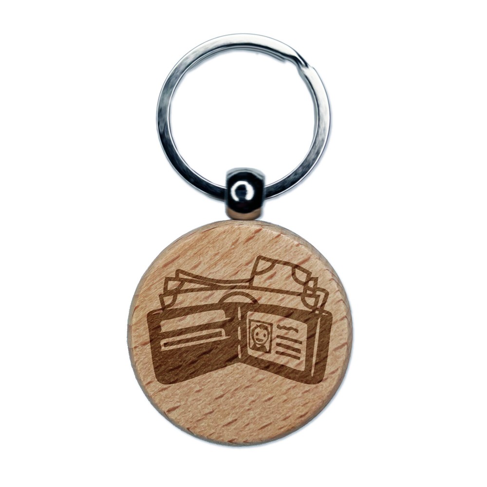 Wallet Billfold Full of Cash Money Engraved Wood Round Keychain Tag Charm