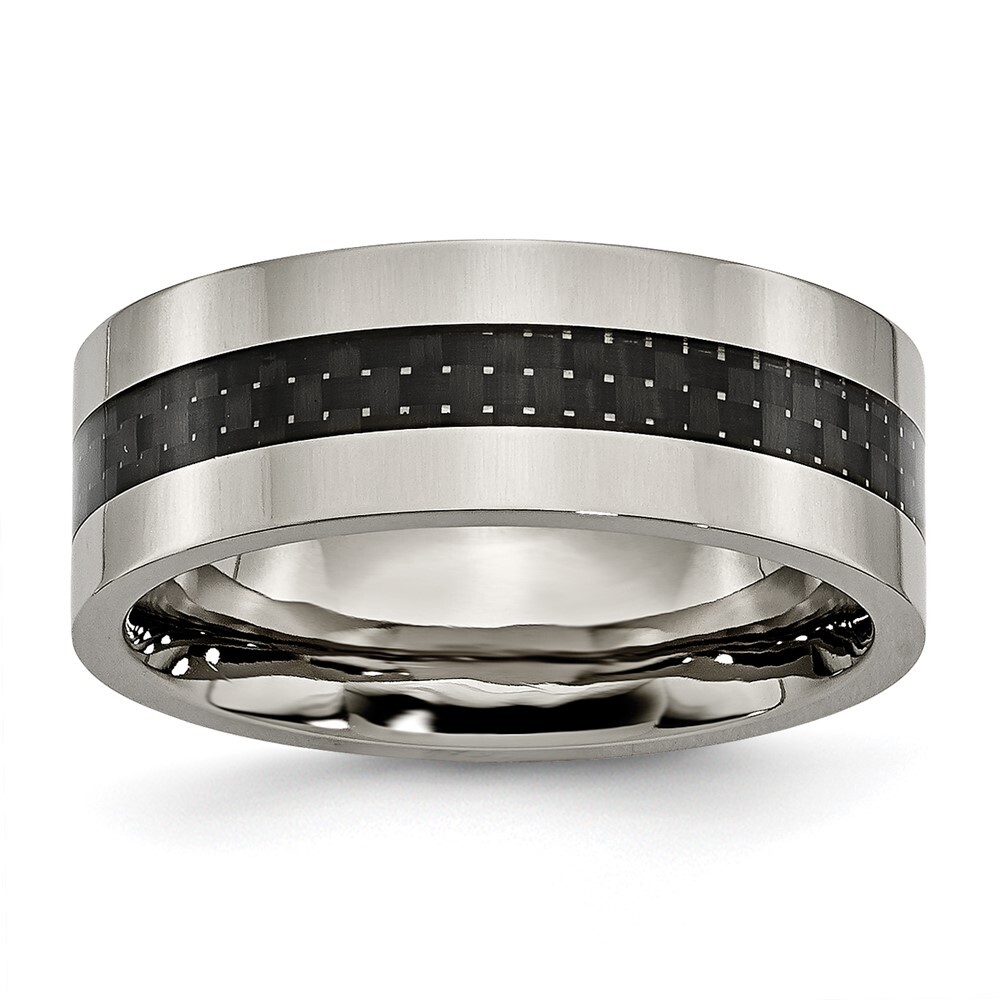 Titanium Polished with Black Carbon Fiber Inlay Flat 8mm Band Ring Size 8