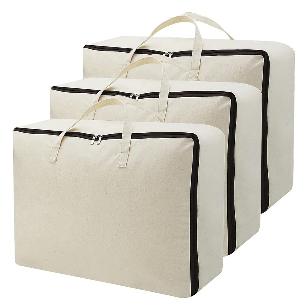 Set of 3, Canvas Storage Bag with 3-Side Zip Open & Handles, 8OZ Thick Soft B...