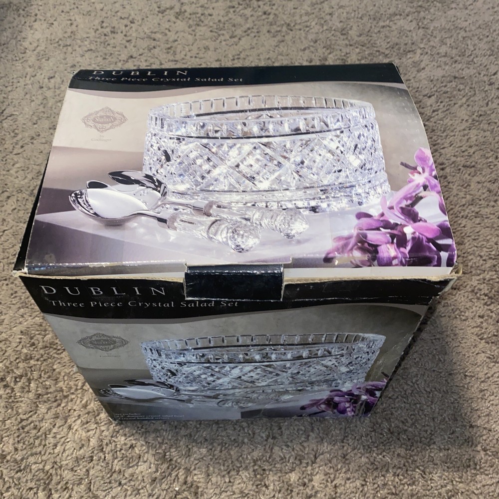 Dublin Shannon by Godinger 3 Piece Crystal Salad Set W/ Serving Spoon & Fork SEE