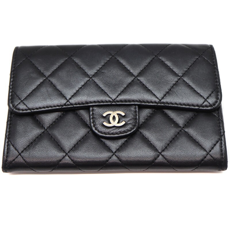 CHANEL Authentic Black Lambskin Bi-fold Wallet Silver Hardware With Box