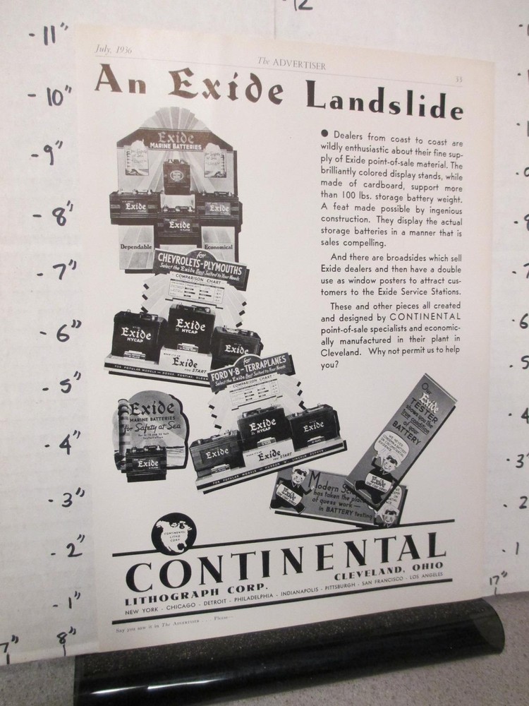 radio trade mag ad 1936 CONTINENTAL Litho Cleveland Exide car battery displays