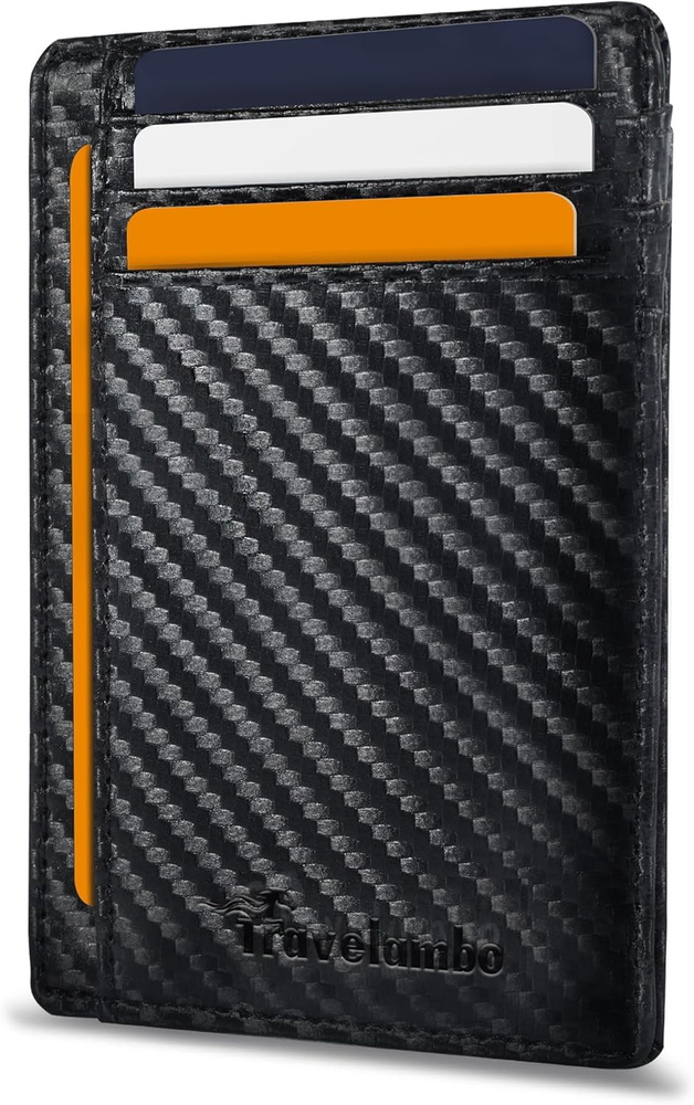 Minimalist Leather Slim Wallet RFID Blocking Carbon Fiber Black