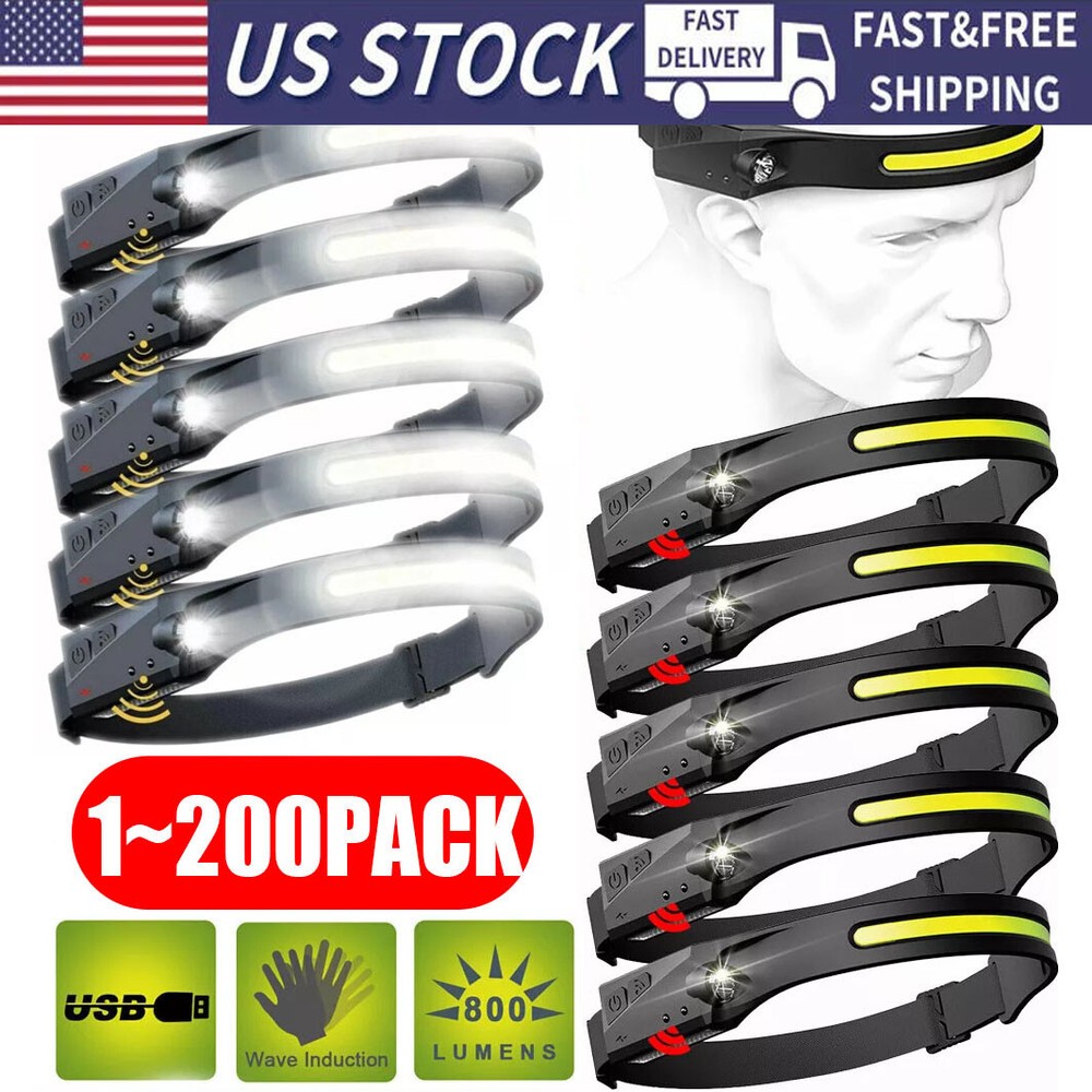 COB LED Headlamp USB Rechargeable Headlight Torch Work Light Bar Head Band Lamp