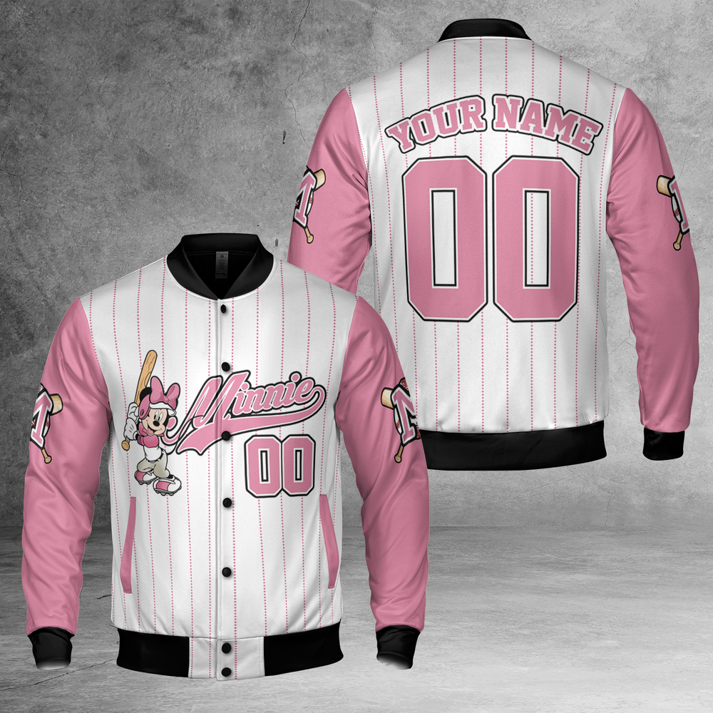 Custom Pink Minnie Mouse Baseball Game Day Jacket-image