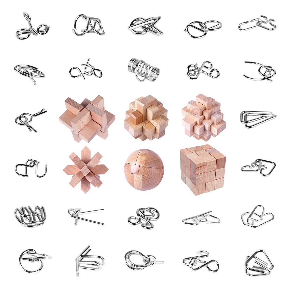 30-Piece Brain Teaser Set - Wooden & Metal 3D IQ Puzzles for Educational Fun