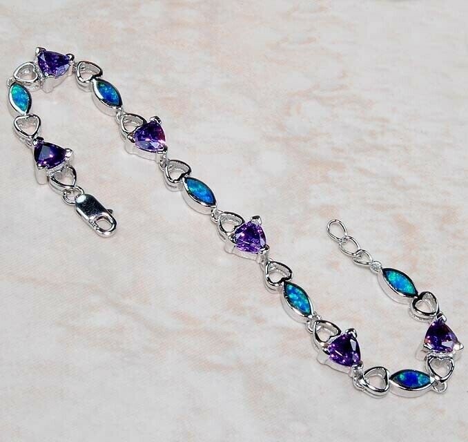 Amethyst & Australian Opal Inlay 925 Sterling Silver Tennis Bracelet OB1