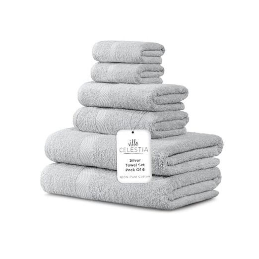 100% Combed Cotton Bathroom Towel Set of 6- Towel Set - Pack of 06 Silver Grey