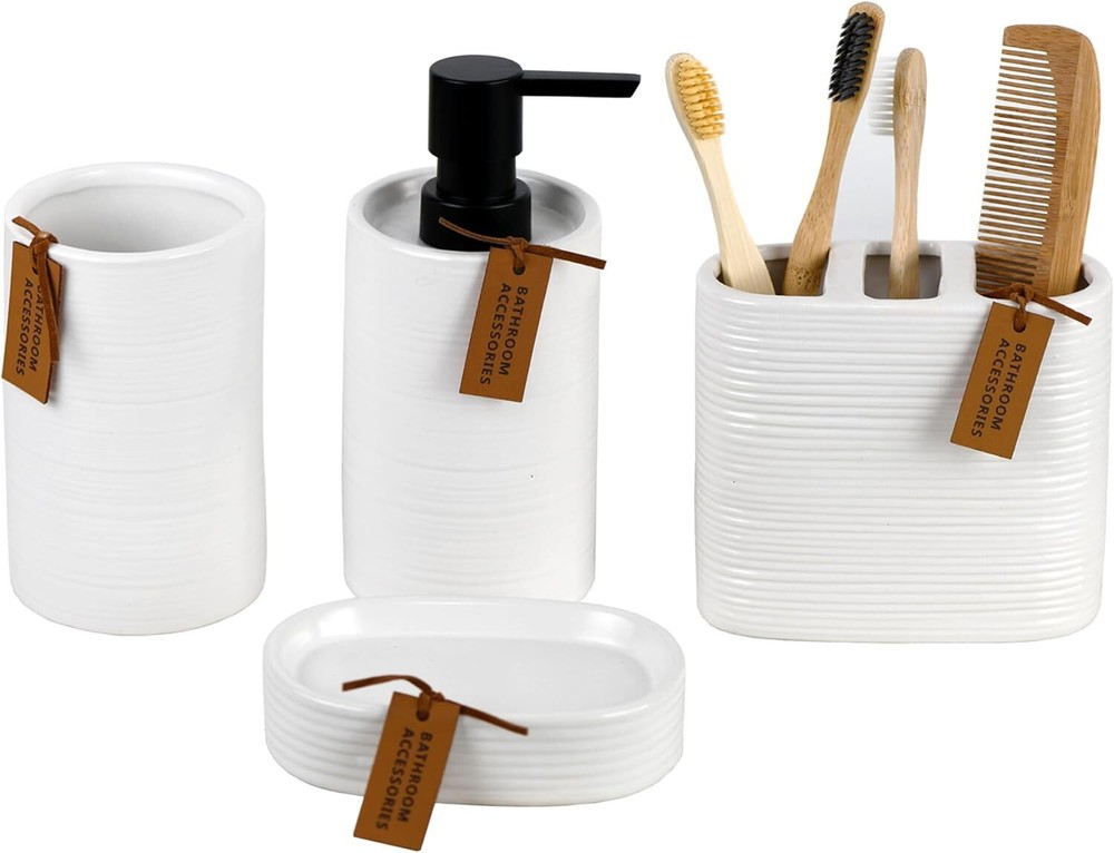 4Pcs White Ceramic Bathroom Accessory Set with Leather Label, Lotion