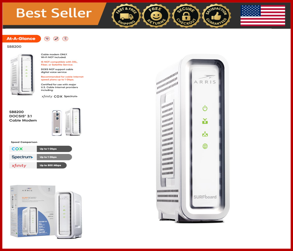 DOCSIS 3.1 Gigabit Cable Modem 1Gbps Speeds Compatible with Xfinity Cox Spectrum 32x8 Channels