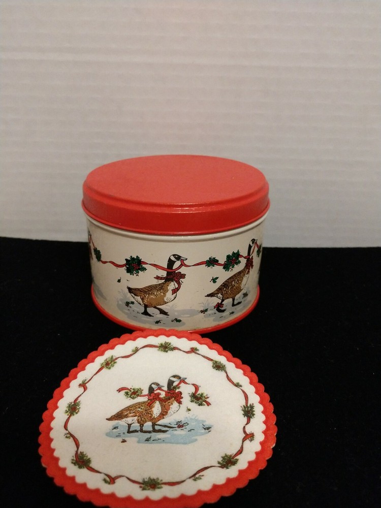 Vintage 1985 Hong Kong Christmas Coasters with Tin Potpourri Press Featuring Geese