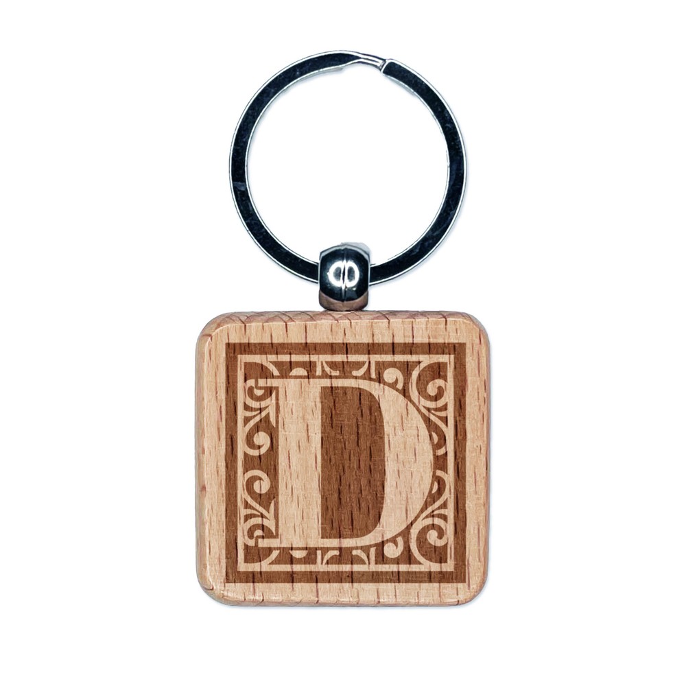 Monogram Swirls Capital Letter D Engraved Wood Square Keychain Tag Charm