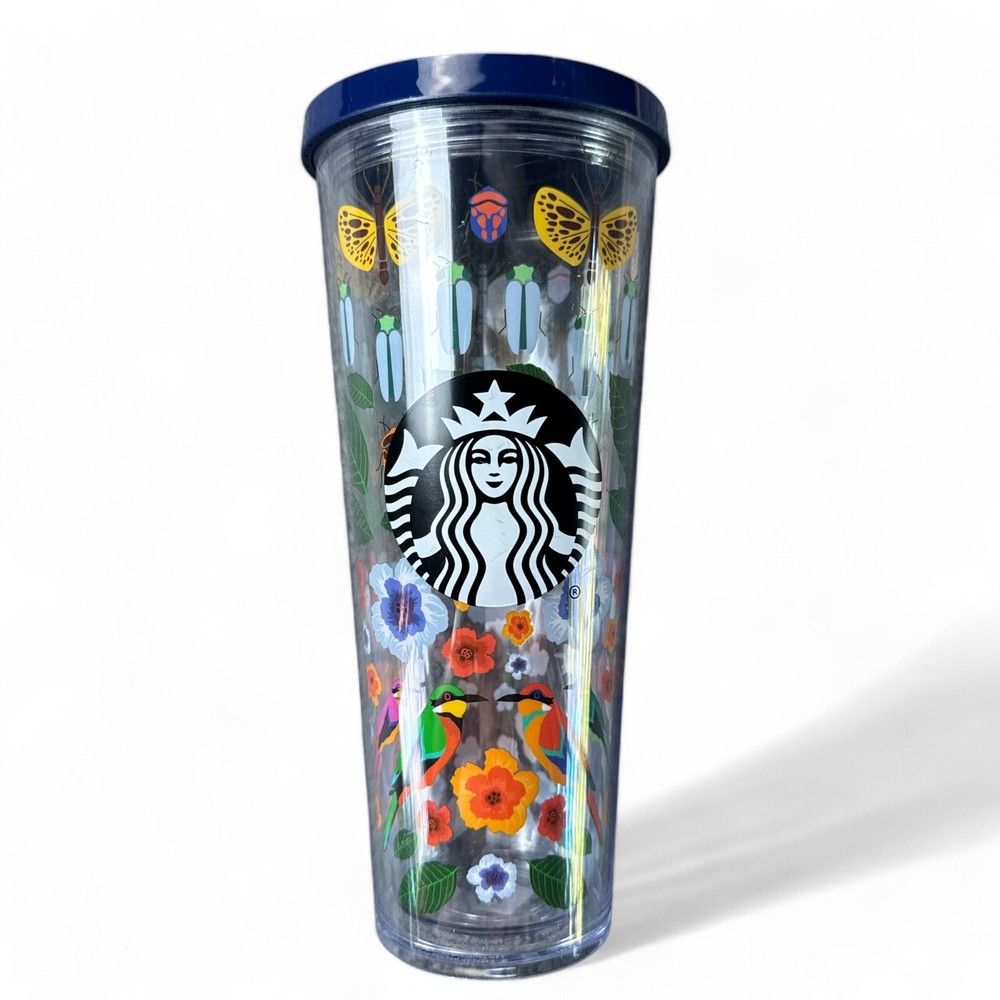 STARBUCKS Insects Summer Bugs Birds Blue Cup Acrylic TUMBLER 24 Oz Floral Print