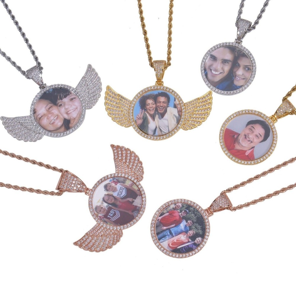 Custom Diamond Angel Wings Photo Necklace with Personalization-image