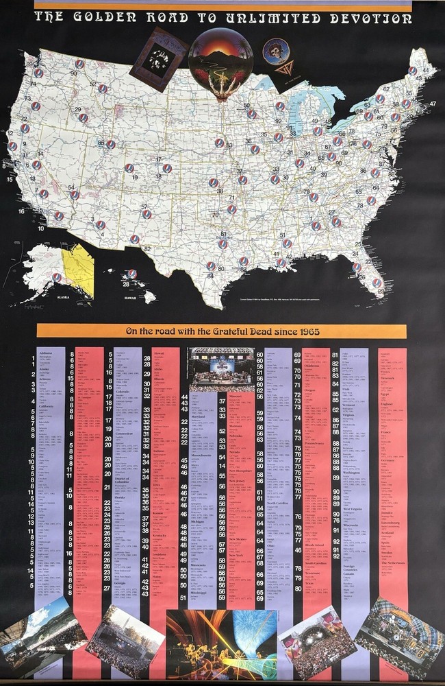 VERY RARE CONCERT POSTER Grateful Dead Double Sided - Mapped Tour Dates & Cities