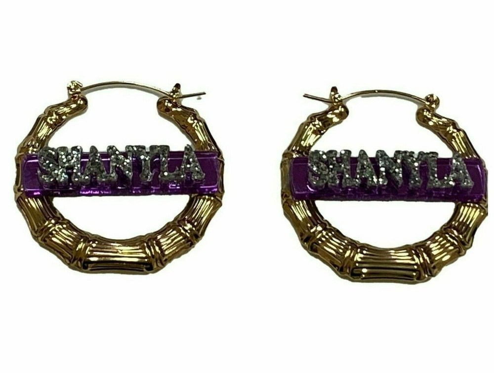 Custom Gold Bamboo Name Earrings 1.5 Inch Laser-Cut Diamond Design-image