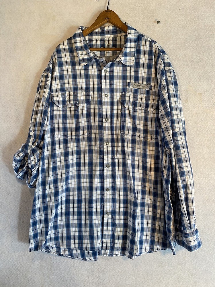 Field & Stream Blue Plaid Vented Fishing Shirt Long Roll Sleeve Button Up Sz 3XL
