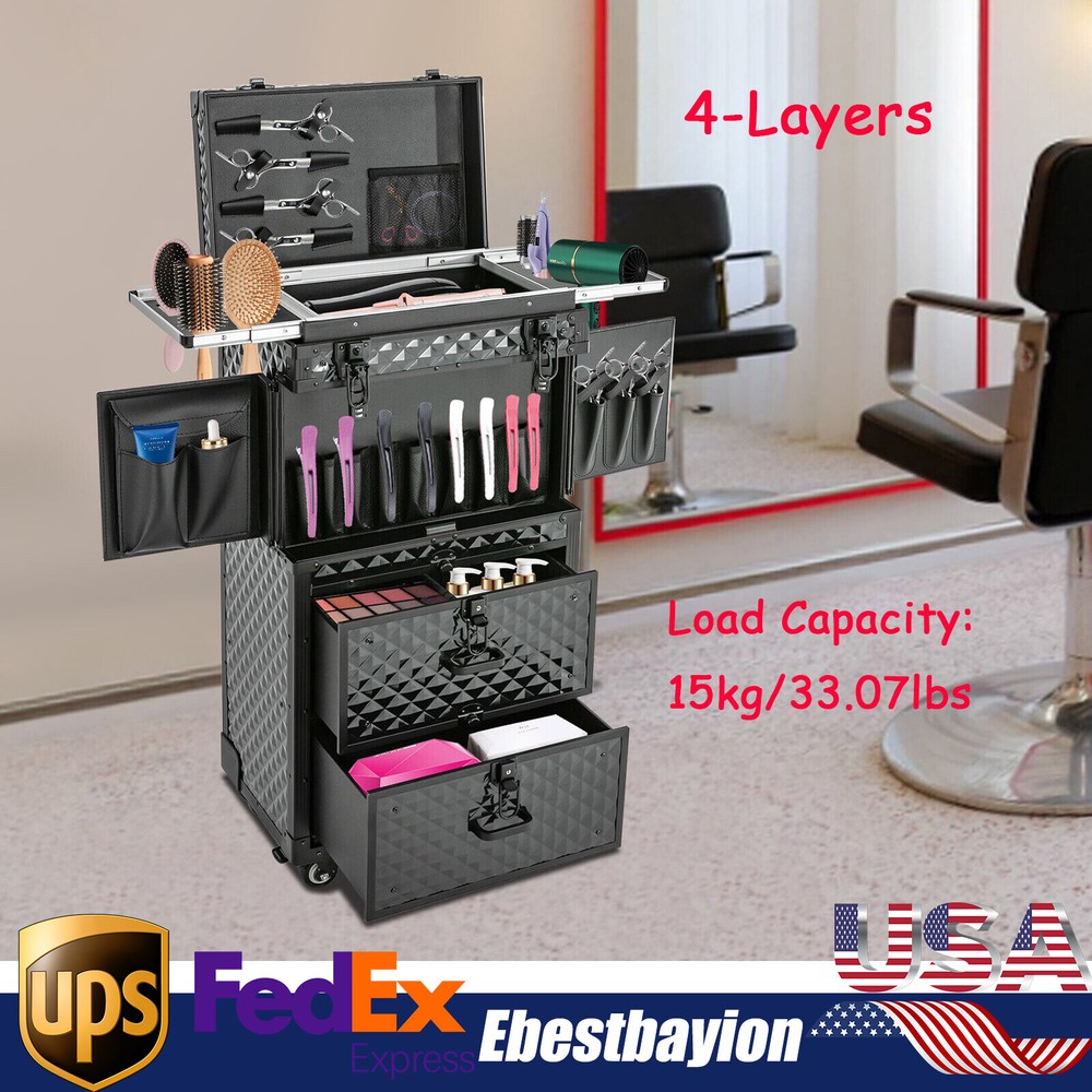 4-in-1 Pro Aluminum Rolling Makeup Case Salon Cosmetic Organizer Trolley in Black