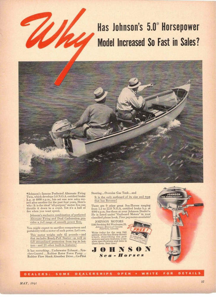Johnson Sea Horse Outboard Motor ad 5.0 HP 1941 Waukegan IL