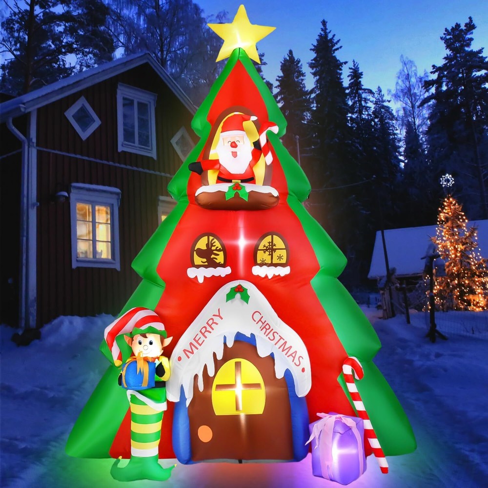 10FT Inflatable Christmas Tree & Santa Claus House Decoration, Christmas Blow...