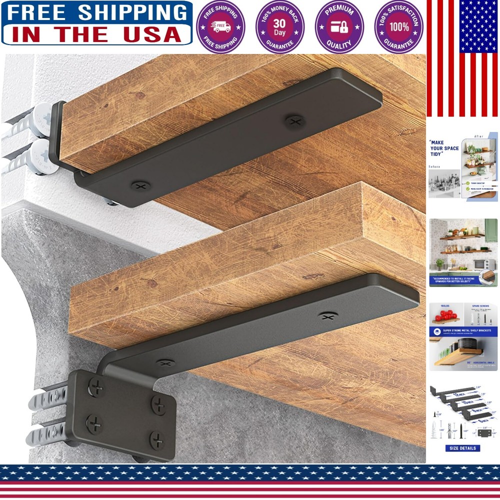 8-Inch Black Metal Floating Shelf Brackets – 6 Pack, Holds 160 lbs