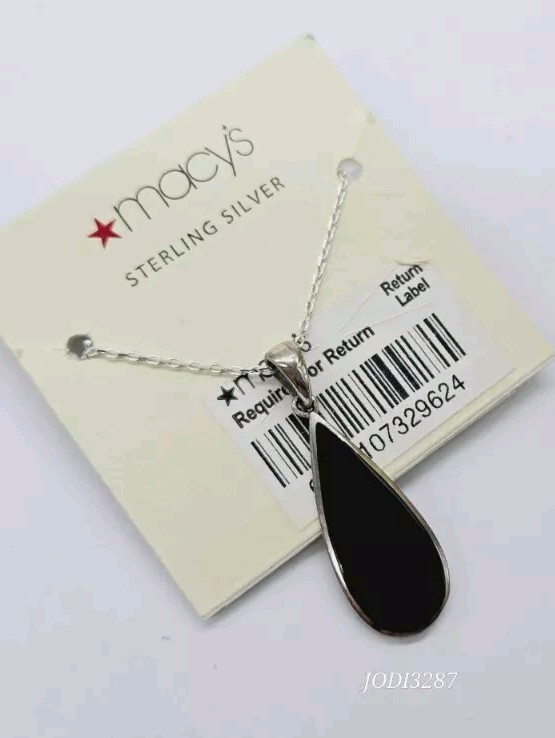 Macy's Sterling Silver 925 Necklace Long Teardrop Pendant Black Onyx New $40