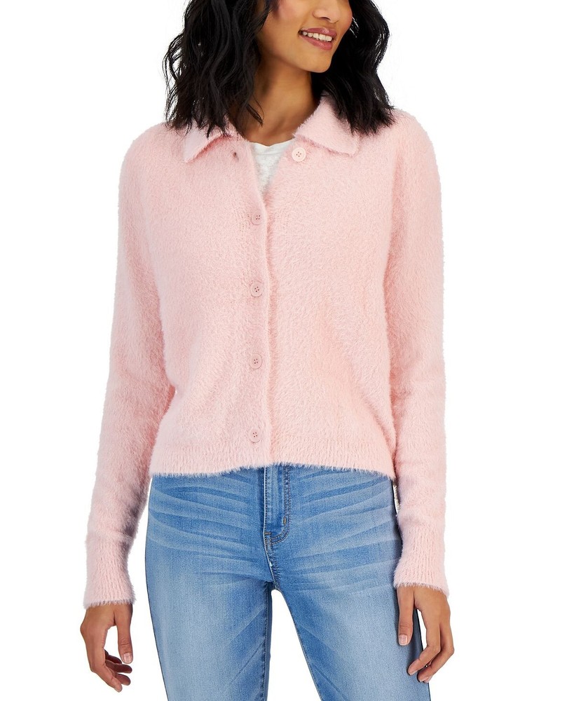 Hooked Up By IOT Women's Eyelash Collared Button-Front Sweater Pink S B4HP-image