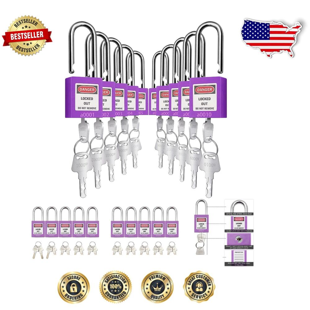 Purple Safety Lockout Padlock Set - 10 Different Keys for Effective LOTO