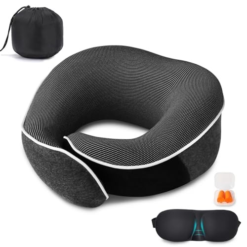 Travel Neck Pillow Memory Foam Adjustable Dark Grey Airplane Comfort  